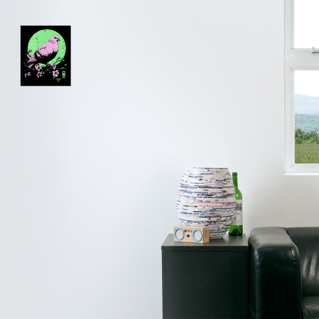 Peaceful Dove Japanese Art | Pink & Green Cherry Blossom Ukiyo-e Style by TuncGK